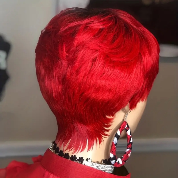 180% Density 1B/Red Layered Pixie Cut Wavy Short Human Hair Wigs with Bangs - Picture 2 of 3
